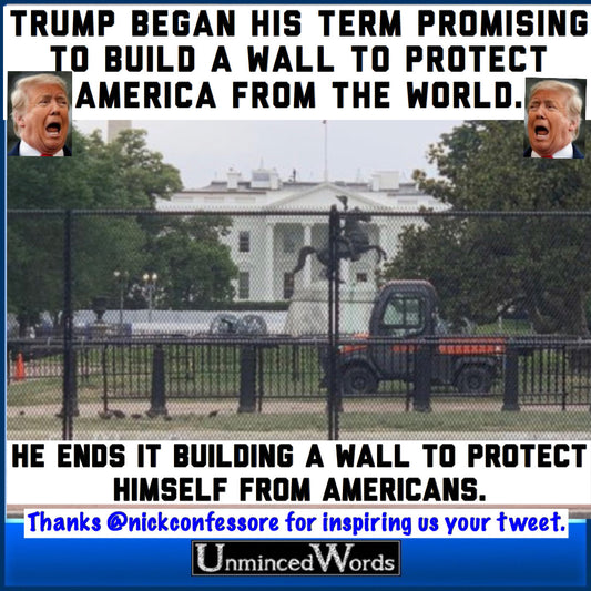 Trump began his term promising to build a wall to protect America from the world. He ends it building a wall to protect himself from Americans. 