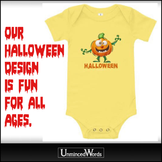 Halloween pumpkin onesie by Unminced Words